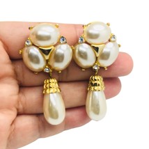 vintage Designer faux pearl gold tone rhinestone clip on earrings - £35.85 GBP