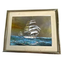 Nautical Clipper Ship At Sea Metallic Foil 3D Vintage Print w/ Frame 10” X 8” - £25.66 GBP