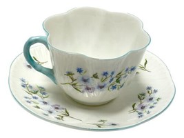 Shelley Floral Teacup Saucer Blue Rock Dainty Scalloped Bone China White Blue - £26.85 GBP