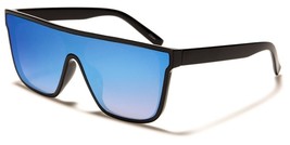 NEW FLAT TOP RECTANGLE SHIELD UNISEX BLACK SUNGLASSES BLUE MIRRORED P6531 - £9.56 GBP