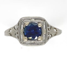 18k Gold Filigree Ring with .57ct Genuine Natural Sapphire Art Deco (#J6405) - £997.11 GBP