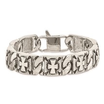 Men&#39;s Stainless Steel Antiqued Polished &amp; Textured Cross Bracelet - £118.73 GBP