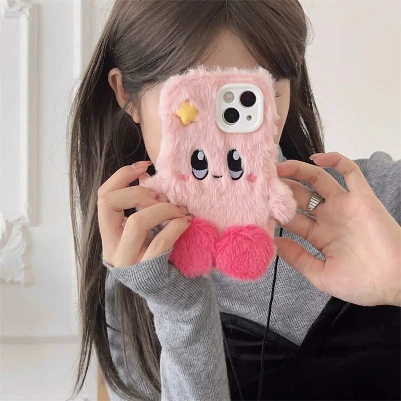 Autumn and Winter Plush Cartoon Cute Pink Kirby Phone Case Fall Prevention - £15.40 GBP