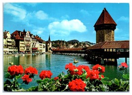 Lucerne Switzerland Chapel Bridge with Water Tower Postcard - £11.09 GBP