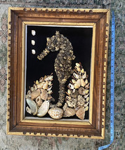 Vtg Seashell 3d Folk Wall Art Seahorse Shells Velvet Shadow Box wood Frame 17.5&quot; - £54.44 GBP