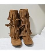 Minnetonka Mid-Calf Brown Suede Triple Fringe Moccasin Boho Boots Women&#39;... - $56.11