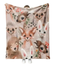 Cute Forest Animals Deer Rabbit Fox Raccoon Bear Blanket Plush Cozy Soft Throw - £23.39 GBP