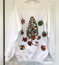 Vintage 90s Custom Made Christmas Tree Sweatshirt White XL Holiday Made ... - £19.13 GBP