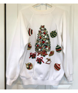 Vintage 90s Custom Made Christmas Tree Sweatshirt White XL Holiday Made ... - £18.14 GBP