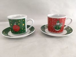 Gibson Everyday Christmas Green Rim White Tea Coffee Cups with Saucers (2) - £7.00 GBP