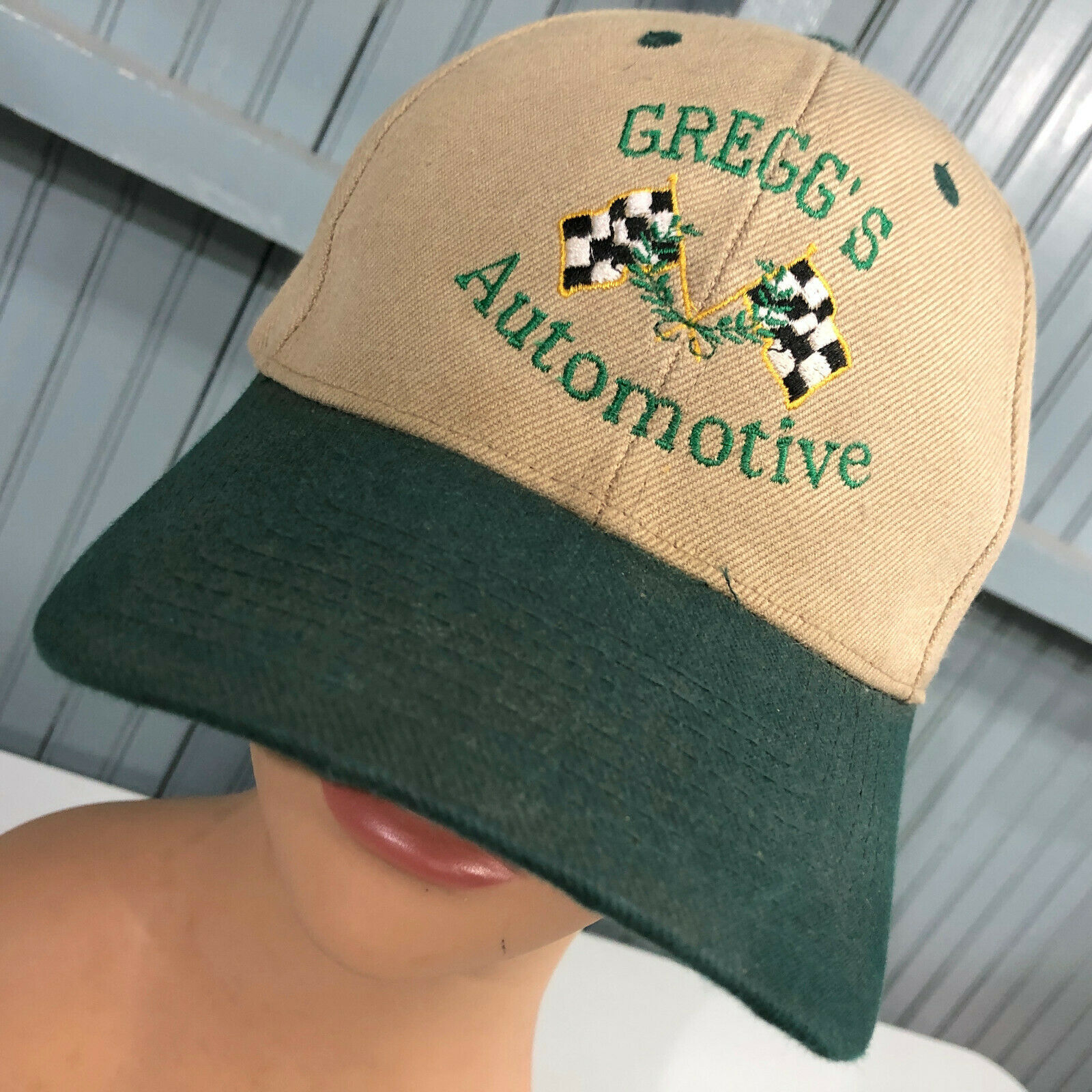 Gregg's Automotive Racing Flags Beat Up Green Brim Adjustable Baseball Hat Cap - $17.07