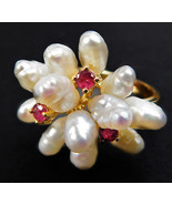 Vintage Baroque Shaped Pearls with Rubies 14K Gold Ruby Ring sz 6.25 - £263.15 GBP