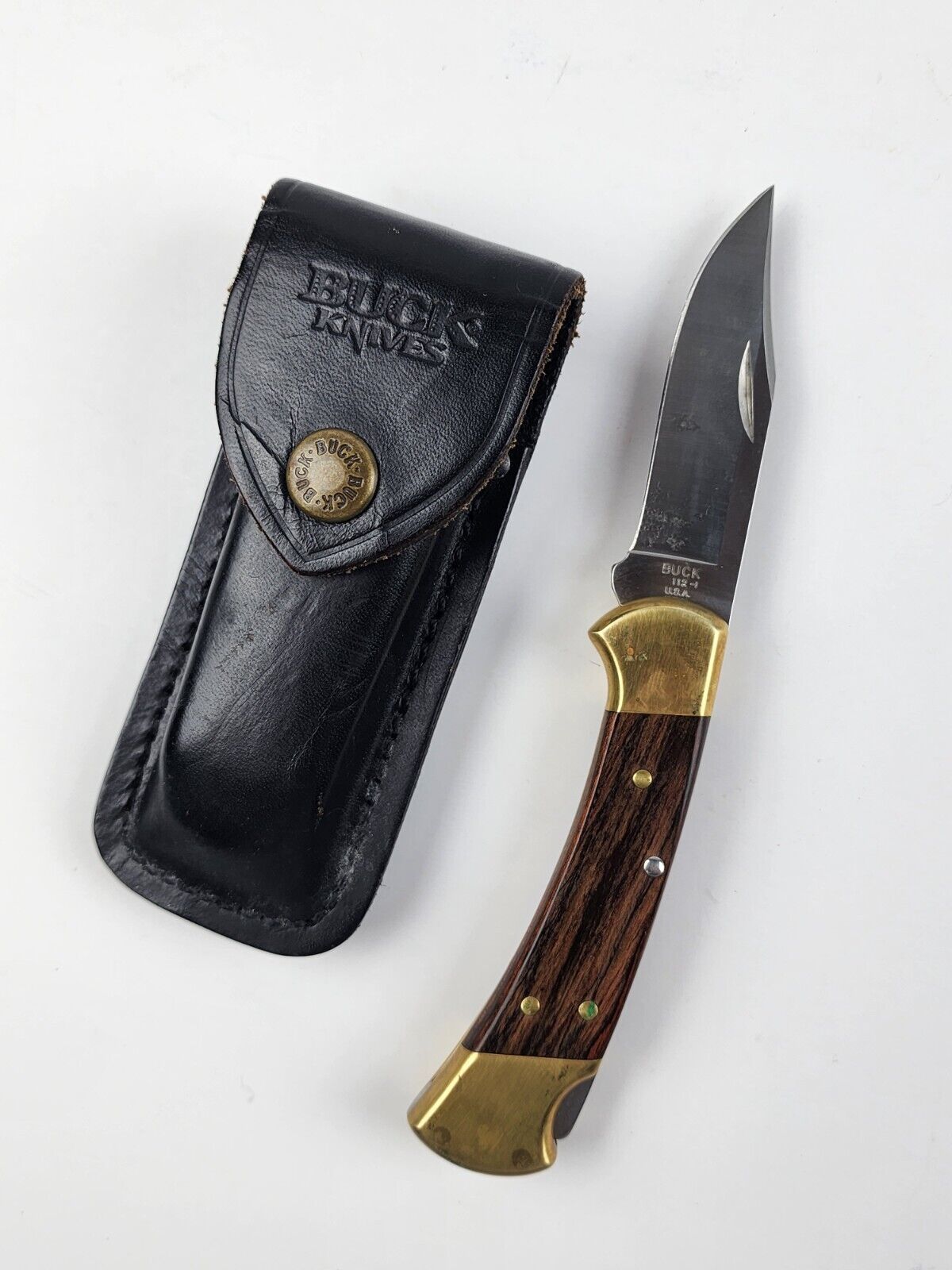 Buck Knife 112 T Wood Handle Folding Knife Lock back w/ Sheath Very nice - £54.20 GBP