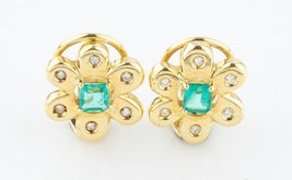 18k Yellow Gold Emerald and Diamond Flower Earrings - £1,192.79 GBP
