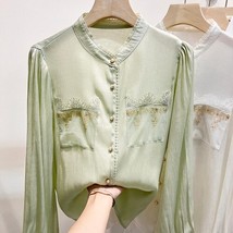 Green Clothes for Women 2023 Spring New Graceful Ladies Stand Collar  Pocket Spl - £149.69 GBP