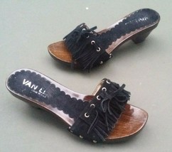 Vaneli Wood Clogs Shoes Size 37 Suede Fringe Sandals 6/7 - £17.43 GBP