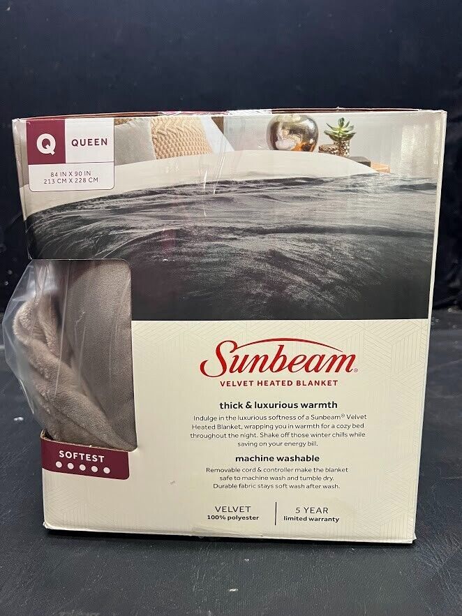 Sunbeam Velvet Softest Bed Heated Electric Heat Blanket Queen Beige Auto On/Off