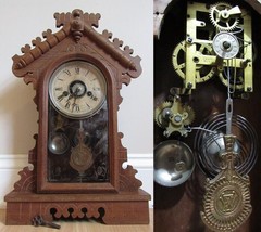 ANTIQUE kitchen mantel clock E.N. WELCH gingerbread 1800&#39;s alarm pendulu... - $185.12