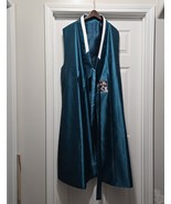 Korean Hanbok Baeja Vest Blue Satin Floral Embroidered Jeogori Overlay  - $147.51