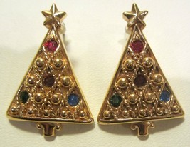 Christmas Tree Pierced Earrings Drop Gold Tone with Colorful Rhinestones - £10.29 GBP