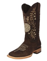 Womens Western Boots Brown Leather Floral Embroidered Square Botas Vaquera Dama - £95.91 GBP