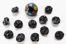 Lot Antique Painted Floral Black Glass Button And 12 Black Glass Buttons Set - £33.10 GBP