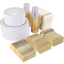 700 Pcs Gold Dinnerware Set-200 Gold Plastic Plates-300 Gold Disposable Silverwa - £121.00 GBP