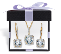 Round Cz Squared Halo Earring Necklace Gp Set 14K Gold Sterling Silver - £160.84 GBP