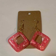 Handmade epoxy resin square dangle earrings- neon pink chunky glitte - $6.34