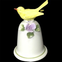 Vintage 80s Porcelain Hand Bell Yellow Canary Bird On Flower Figurine Japan - £18.13 GBP