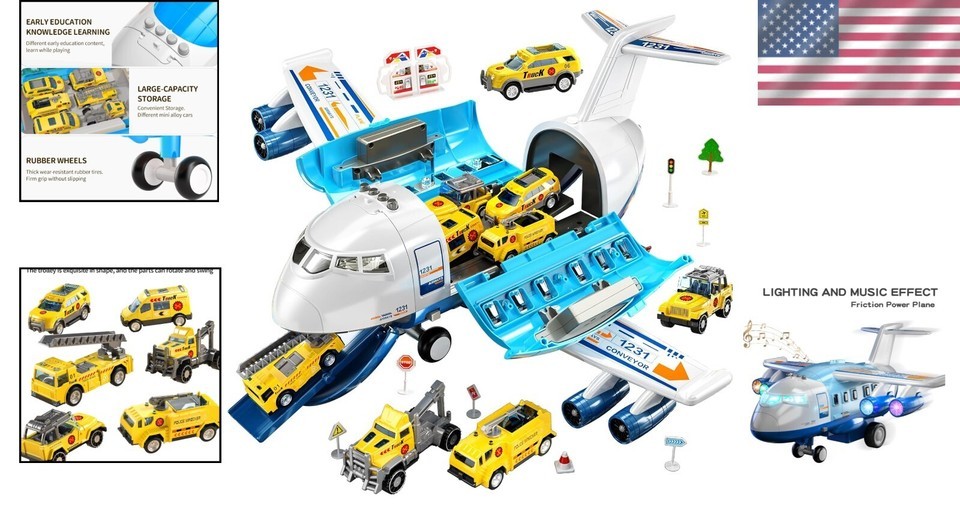 2-in-1 Kids Airplane Toy with 12 Construction Vehicles & Playmat - Blue Item image 2