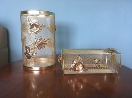 Vtg MCM Hollywood Regency Gold Metal Mesh Floral  Waste Basket Can &amp; Tissue Box - £46.61 GBP