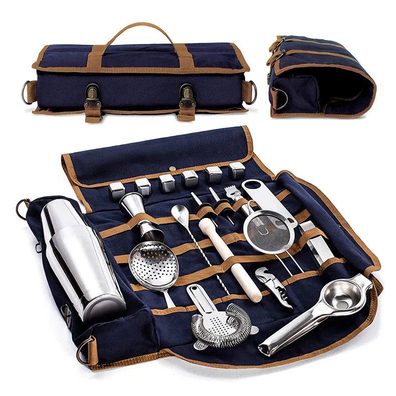 Professional Bartender Travel Bag Portable Bar Canvas Tool Bag Cocktail Shaker W - £63.22 GBP