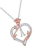 Rose Flower Heart Initial Necklace Gifts for Women - £80.73 GBP