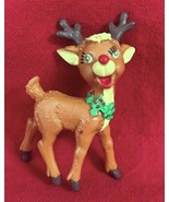 Vintage Rubber Xmas Rudolph Reindeer Figure 2.75&quot; Tall Holly Wreath Neck... - $313.79 MXN