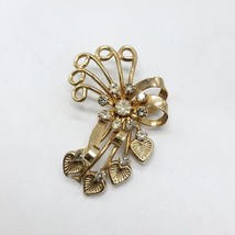 Gold Tone Clear Rhinestone Floral Ribbon Spray Motif Brooch Pin Pendant Vintage - $26.72