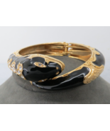 Snake Bangle Bracelet Black Enamel Gold Tone Hinged Rhinestones - $35.63