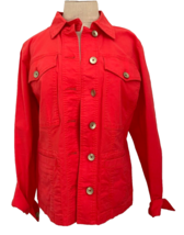 Cabi Denim Style Jacket Womens M Tomato Red Bronze Colored Buttons &amp; Ruffled Bac - £25.03 GBP