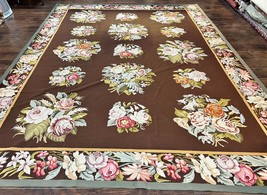 Vintage Needlepoint Rug 9x12 Brown Large Handmade Carpet Floral Bouquet European - £1,509.54 GBP