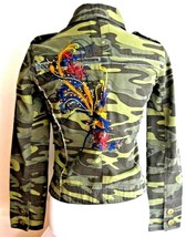 Green Camouflage Jacket Floral Bird Embroidered Back Angel Kiss Womens Small - £39.30 GBP