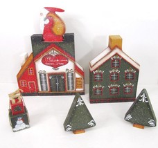 Primitive Painted Wooden xmas Village House Santa Store Tree Set of 7 Figurines - £20.79 GBP