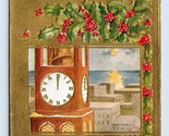 Fair Be The New Year Clock Tower Holly Gilt Embossed DB Postcard K14 - $4.90