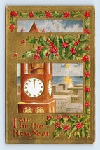 Fair Be The New Year Clock Tower Holly Gilt Embossed DB Postcard K14 - $4.90