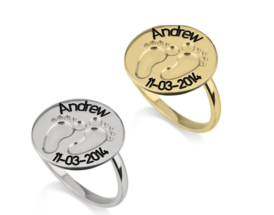 Primary image for BABY FEET NAME AND DATE RING: STERLING SILVER, 24K GOLD, ROSE GOLD