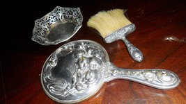 Silverplate vanity set of mirror, pin dish and brush ORIGINAL - $113.84