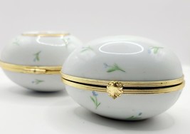 Vintage FM Limoges Porcelain Egg Trinket Dish Pill Box Floral Hinged Set of 2 - $45.00