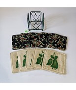 Cottagecore Fabric Coasters Amish Made Set of 10 &amp; Green Metal Holder In... - €12,71 EUR