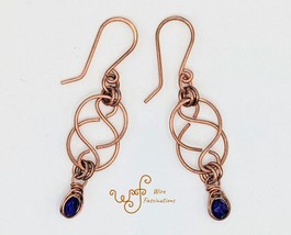 Handmade copper earrings: Celtic links herringbone wrapped faceted blue dangle - £16.78 GBP