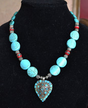 Turquoise necklace, Tribal gemstone necklace, blue, red, handmade, designer (979 - £31.17 GBP