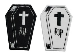 Coffin Embroidered Applique Iron On Patch 2.2&quot; x 3&quot; RIP Cross Halloween - £4.38 GBP